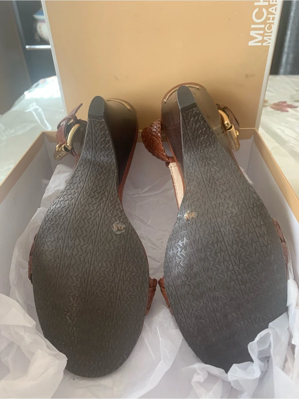 Michael Kors Brown Braided T-Strap Heeled Sandals with Gold Accents